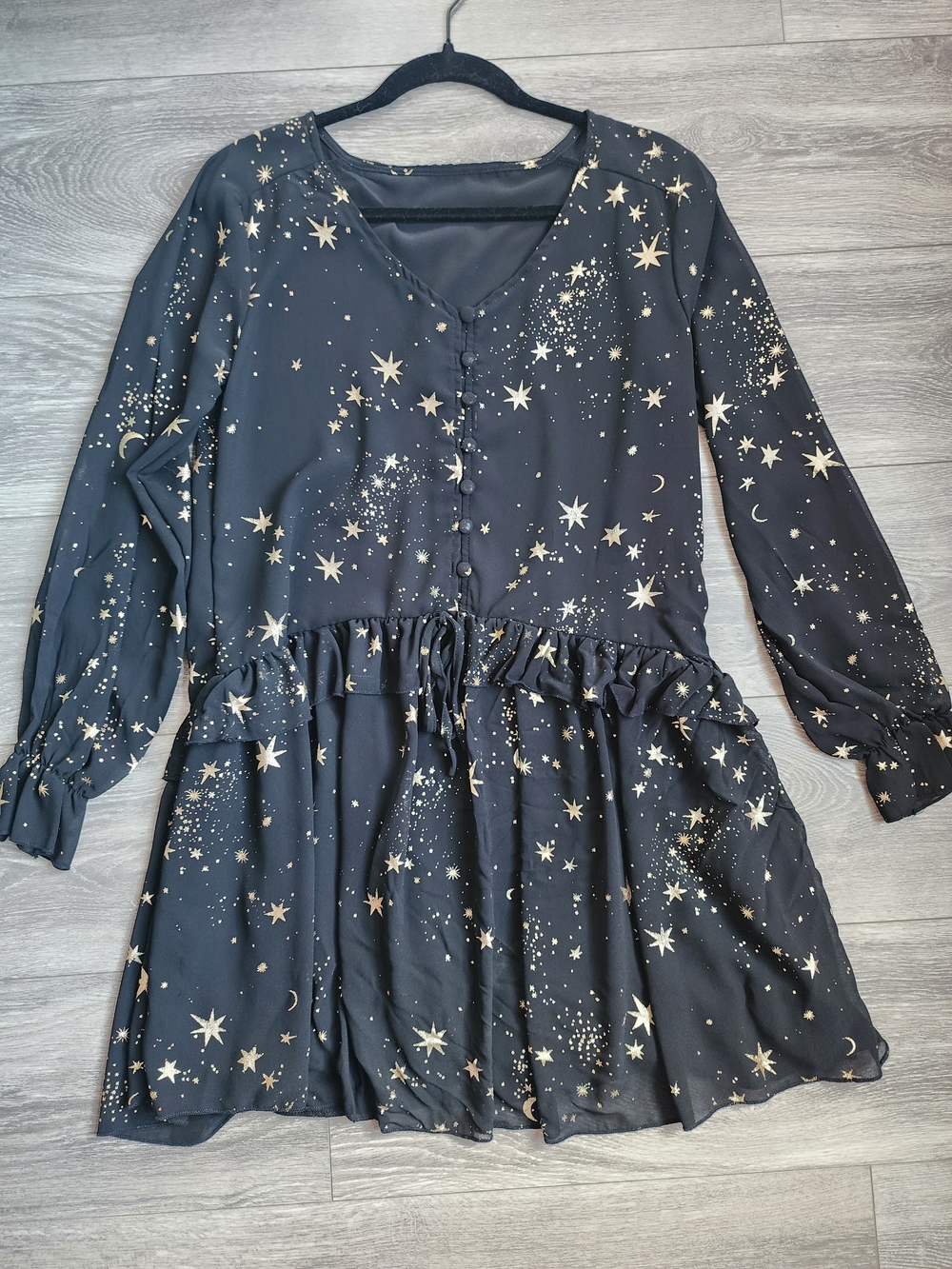 Black & Gold Star Moon Long Sleeve Dress Relaxed Babydoll Minidress W Medium